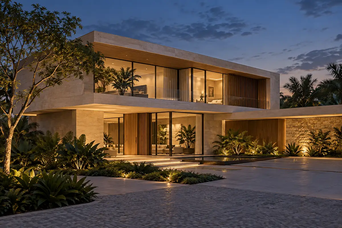 Casa contemporânea com fachada de pedra, grandes janelas e jardim iluminado ao anoitecer.